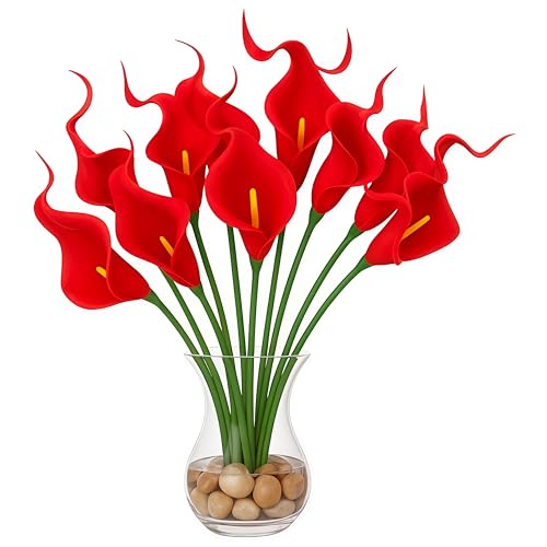 Image of 10 Pcs Artificial Calla Lily Flowers Bunch for Vase and Flower Pots- Premium Real-Look Faux Lily Stems for Home Decor, Living Room, Bedroom, Office Decoration (Vase not Included) (Red)