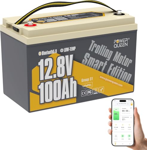 Image of Power Queen 12V 100Ah Group 31 Trolling Motor LiFePO4 Battery,12 Volt Bluetooth Lithium Battery with Low Temp Protection, 1.28kW Load Power,15000+ Deep Cycles for Marine, Boat, Yacht