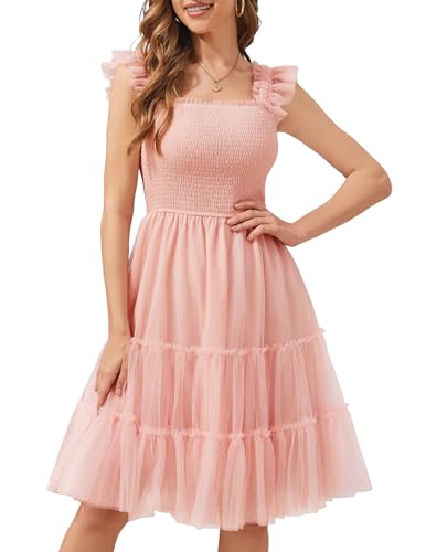 Image of Meetjen Womens Casual Summer Dresses Sleeveless Smocked 2026 Flowy Tulle Ruffle Party Square Neck Tiered Wedding Guest Dress