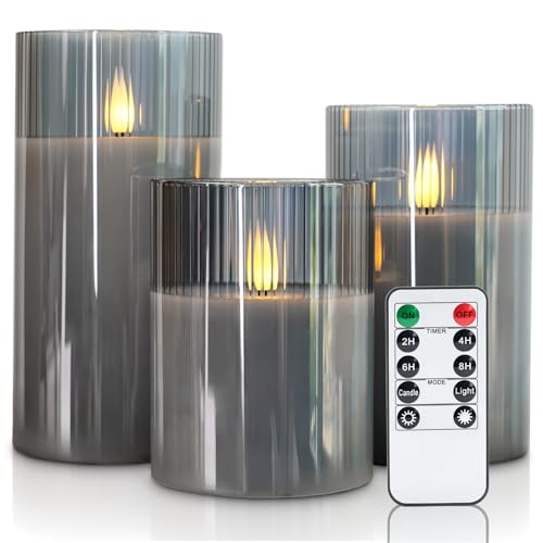 Image of Amagic Grey Flameless Candles with Remote, Battery Operated Candles with Timer, Ribbed Glass LED Pillar Candles with Flickering Flame for Spooky Halloween Party Decor, Real Wax, Set of 3