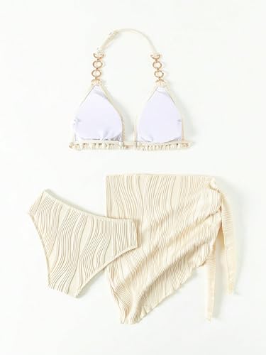 Girl's 3 Piece Swimsuit Textured Halter Triangle Cute Bikini Bathing Suit with Cover Up Beach Skirt2