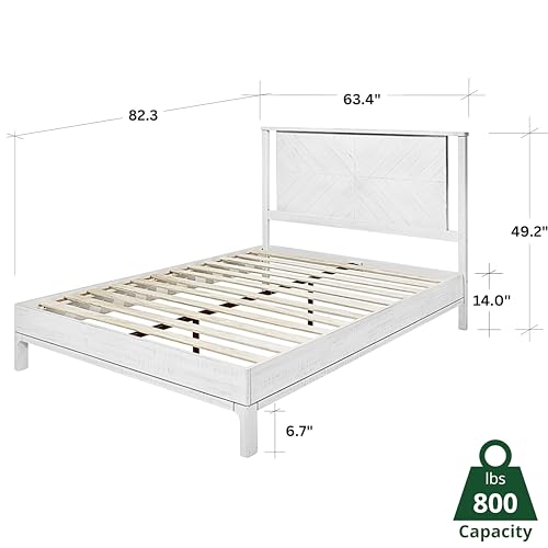 Image of Bme Vivian 14 Inch Deluxe Bed Frame with Headboard, Rustic & Scandinavian Style with Solid Acacia Wood, No Box Spring Needed, 12 Strong Wood Slat Support, Easy Assembly, Queen, Rustic White