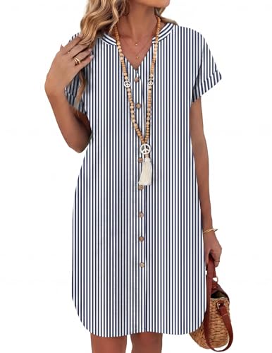 Zeagoo Vestido Blusa Mujer Manga Corta Verano Algodon y Lino Vestido Cuello en V Vestidos a Rayas Corto Vestidos de Playa con Bolsillos Rayas Azul Oscuro L