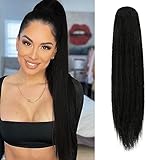 FESHFEN Pferdeschwanz Extensions mit Kordelzug Lang Gerade Zopf Kordelzug Pferdeschwanz Haarteil Glatt Haarverlängerungen Synthetik Drawstring Ponytail Extension für Damen 70 cm Natürliches Schwarz