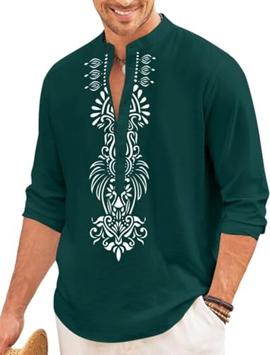Image of FINIVO FASHION Men's Cotton Blend Short Kurta with Bold Printed Front Design | Full Sleeve Ethnic Casual Kurta with Mandarin Collar | Artistic Festival & Travel Wear for Modern Ethnic Style