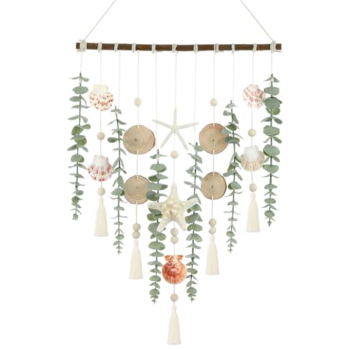 Coastal Style Decoration with Artificial Eucalyptus Fake Greenery Leaves Seashells