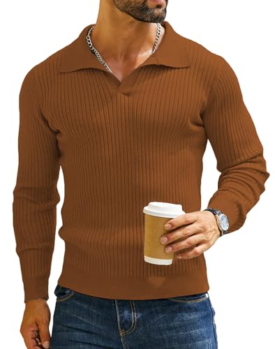 Image of DENIMHOLIC Men's Cotton Full Sleeve Collar Polo Sweater for Men, Rib Knitted Sweaters for Men Winter Sweater for Man