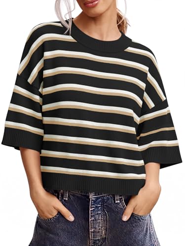 Image of Saodimallsu Womens Short Sleeve Sweater Summer Oversized Cropped Sweaters Casual Crewneck Lightweight Knit Tops