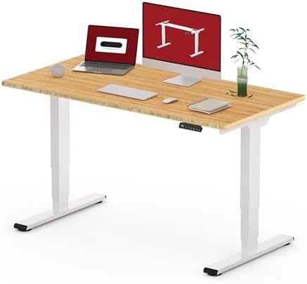 48 Inch Bamboo Electric Standing Desk, 3 Stage Dual Motor Height Adjustable Desk, Stable and Durable Sit to Stand Home Office Desk (White Frame/ 48” x 24” Natural Bamboo Top) - Thumbnail 3