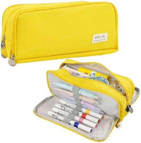 Nylon Pencil Case Large Pencil Cases for Girls Boys Big Capacity Pouch with 3 Compartments School Stationary Office Storage Makeup Bag for Kids Teenage Adults Women Men Modern-Yellow