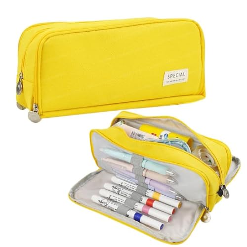 XTECTORVIEW Nylon Pencil Case Large Pencil Cases for Girls Boys Big Capacity Pouch with 3 Compartments School Stationary Office Storage Makeup Bag for Kids Teenage Adults Women Men Modern-Yellow