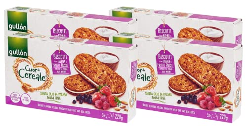 4X Gullon Cuor di Cereale Biscotti con Avena e Frutti Rossi con Ripieno di Crema allo Yogurt 220g [4 Confezioni]