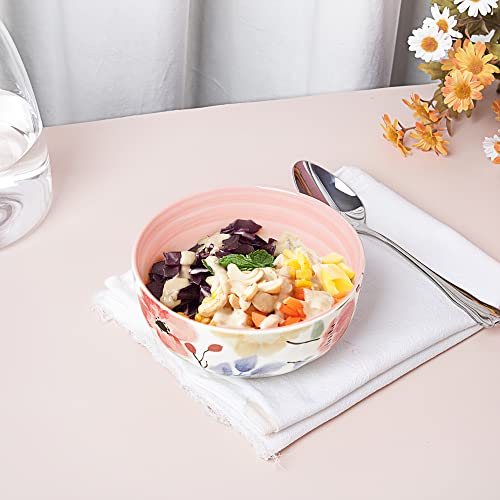 Fanquare 24Oz Vintage Floral Salad Bowls Set Of 4, Pink Porcelain Ramen Bowls, Kitchen Serving Bowls, 6" Cereal Bowls #TOP4