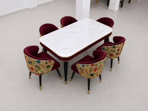 Image of WOODEN SPACE 6-Seater Wooden Dining Table Set | Nano Composite Marble Top | Solid Wood Base | Modern Dining Room Furniture with 6 Chairs (Maroon Printed)
