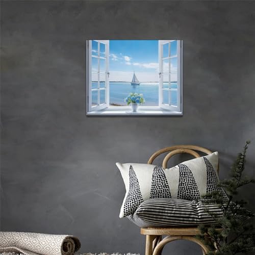 Ocean Bathroom Decor Wall Art Coastal Seascape Hydrangea Pictures Wall Decor Window View Sea Canvas Prints Blue Sky Sailboat Painting Modern Artwork Home Decoration for Bedroom Living Room 16"x12" - Image 2