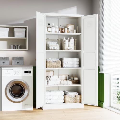 Image of Letaya White Storage Cabinet with Adjustable Shelves-Metal Home Kitchen Pantry Cabinets with Doors,Organization Locker for Cupboard /Bedroom /Dining /Living /Bathroom /Office /Garage Room