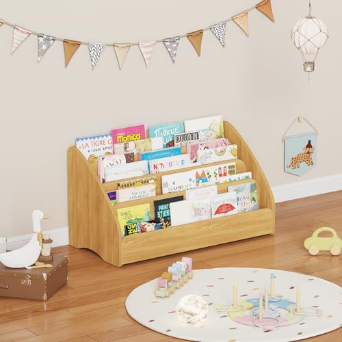 Image of Lkeiyay Kids Bookshelf - Montessori Shelf for Toddlers, 4-Tier Wooden Book Display Storage, Open Front Design for Classroom & Bedroom