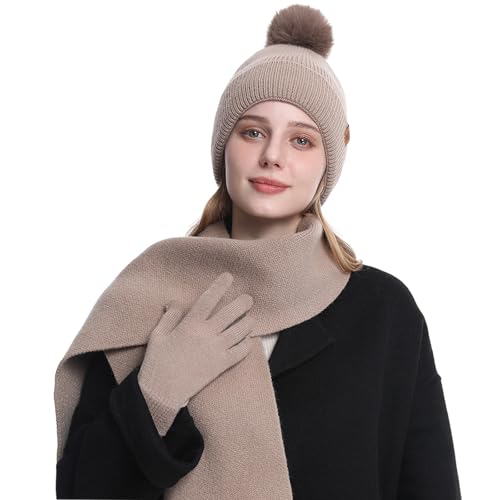 MAZELIKEHOOD Halsduk Set Hatt Handskar Kvinnor Vinter Varm Bobble Hatt med Stickad Halsduk Och Handskar Mjukt Och Bekvämt Tyg Mode Vintertillbehör Perfekt för Julklapp, Khaki, one size