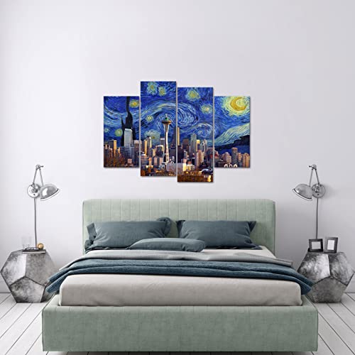 Lyerartork 4 Panel Seattle Skyline Panorama And Vincent Van Gogh Starry Night Oil Painting Canvas Wall Art Framed Usa Cityscape Downtown Picture Prints For Modern Home Office Wall Decoration #TOP3