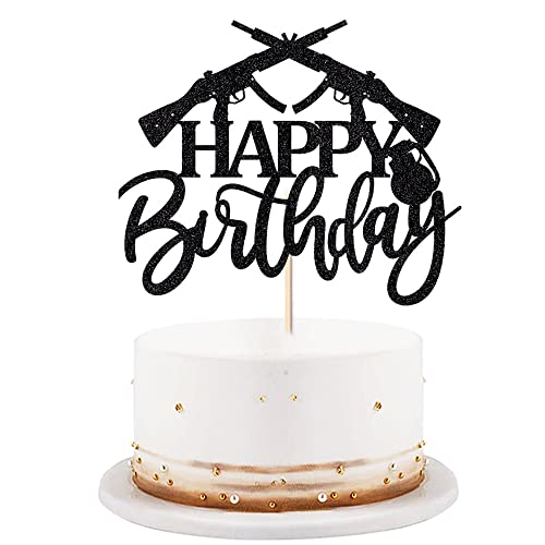 LVEUD Happy Birthday Cake Topper Gun Theme Enthusiast Black Glitter Party Decorations Supplies