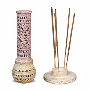 Pure Source India Soapstone Marble Hand Carved Incense Holder | Agarbatti Stand | Candle Burner | Tea Light Holder (9.25 Inch)