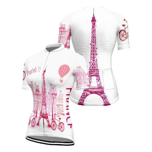 Mateju Maillot Ciclismo para Mujer, Cómodo Transpirable Ropa Ciclismo Exterior, Verano Secado Rápido Camisetas Manga Corta Mujer Camiseta Elástico para Deportes de Interior (Torre Eiffel,5XL)
