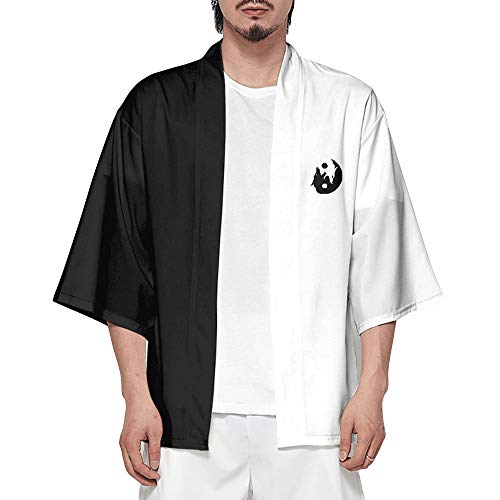CHARMMA Men's Japanese Style Kimono Jackets Cardigan Roaring Moon Wolf Printed Casual Open Front Coat White
