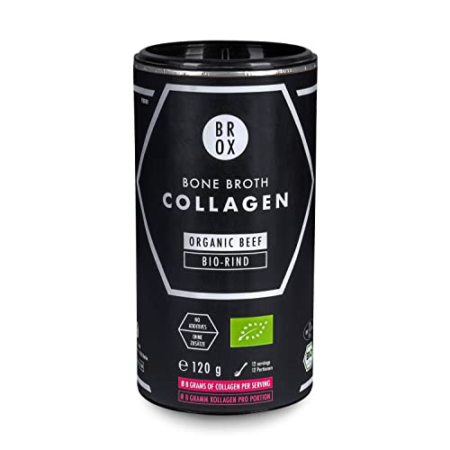 BROX Premium Bio Collagen Pulver Bio-Rind [120g] - 100% Bio aus nur 1 Zutat: dehydrierte Rinder-Knochenbrühe - 9,5g Protein pro Portion (davon 8g Kollagen) - für Haut, Haare, Falten, Cellulite, Sport