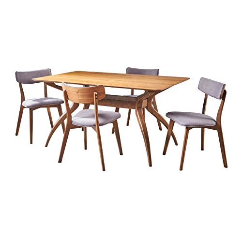 Christopher Knight Home Nissie Mid-Century Wood Dining Set with Fabric Chairs, 5-Pcs Set, Dark Grey   Natural Walnut Finish