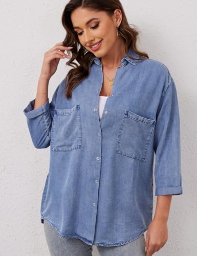Yimoon Womens Denim Shirt Chambray Blue Button Down Jean Shirt Denim Tops Soft Tencel Casual 3/4 Sleeve Jacket3