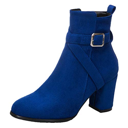 Birdsight Damen High Heels Ankle Boots Blockabsatz Stiefeletten mit Reißverschluss und Schnalle Winter Kurzschaft Stiefel (Königsblau,40) Cover