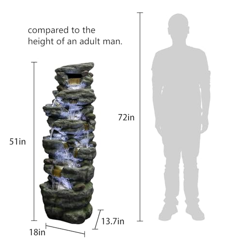Image of SunJet 51 inch High Multi-Tiers Cascading Rock Outdoor Water Fountain with LED Lights - Large Outdoor Resin Fountains and Waterfalls for Garden or Patio, Yard, Deck Decor, Featuring Natural Stone Look