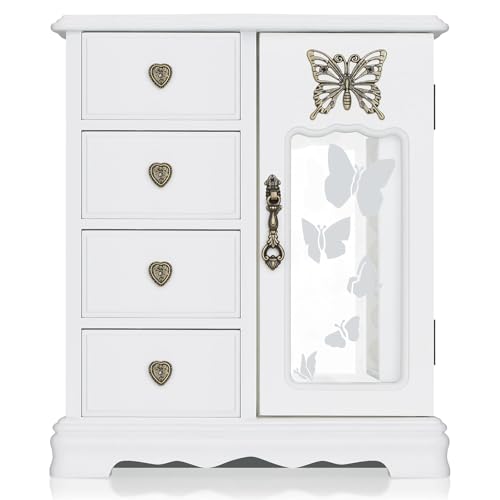 RR ROUND RICH DESIGN Solid Wood Jewelry Box for Women - Vintage Butterfly Glass Door Jewelry Armoire with Mirror, 4 Drawers & Rotating Necklace Carousel White
