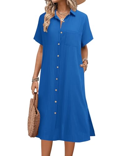 Image of HOTOUCH Womens Dress Summer Casual Midi Short Sleeve Button Down Shirt Dresses Loose Beach Cover Up with Pockets