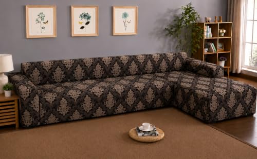 Image of Gifts Island Premium 160GSM Super Soft Brown Damask Stretchable Sofa Cover L Shape 7 Seater Fully Covered | Suitable for Both Left and Right Side Chaise Sofa (Brown Damask, 4+3 Seater)