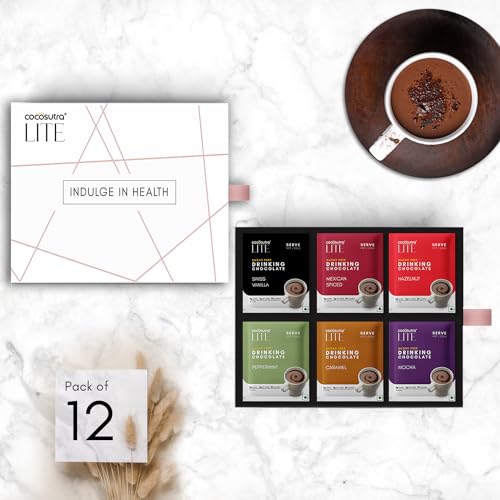 Image of Cocosutra LITE Sugar Free Drinking Chocolate Hamper | 2 * 6 Single Serve Sachets | 6 Premium Hot Chocolate Flavors | Low Carb, Low Calorie | Stevia & Erythritol based | Healthy Gift | Vegan | 240g