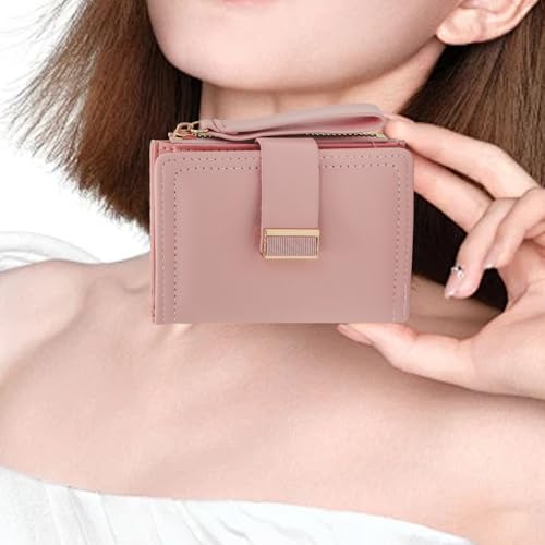 Woman Wallet, Solid Color Lady Zipper Wallet Leather Wallet Purses with Portable Rope and Snap Button Credit Card Holder(Pink)