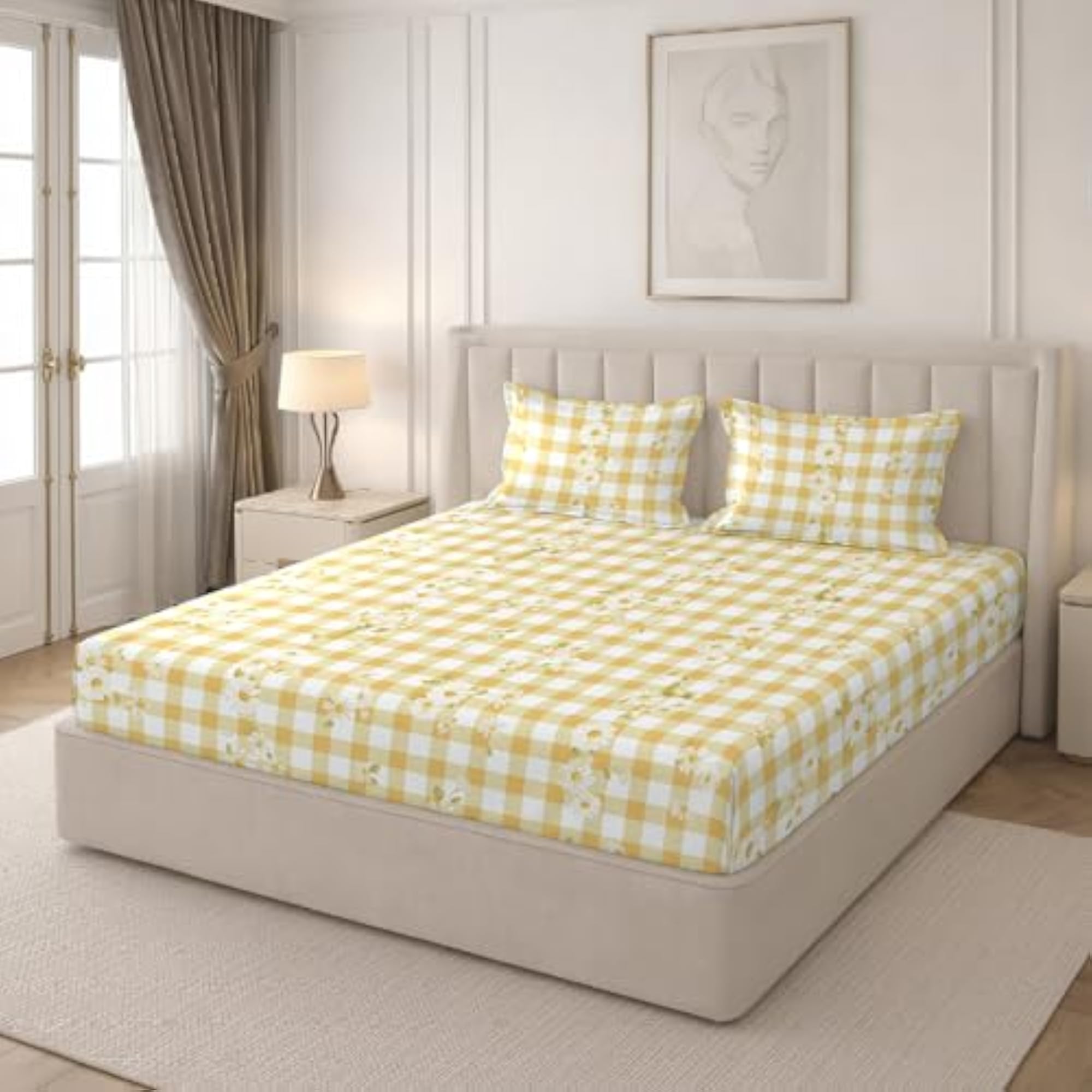 Cotton Double Bedsheet with Yellow Flowers Check, Soft & Durable