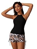 SOLY HUX Tankini Swimsuits for Women Halter Tops and Floral Print Shorts Bathing Suits Two Piece Swimsuit Black Floral X-Large