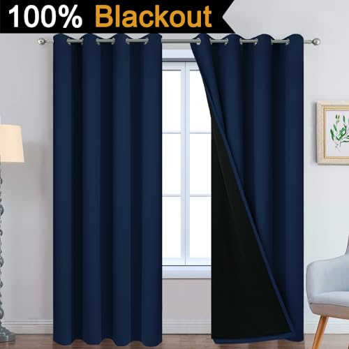 Image of Yakamok Navy Blue 100% Blackout Curtains 90 Inches Long 52 inch Wide, 2 Panels | Blackout Curtain Panels for Bedroom, 2 Thick Layers Grommet Top Thermal Insulated Drapes with Black Liner for Living Room