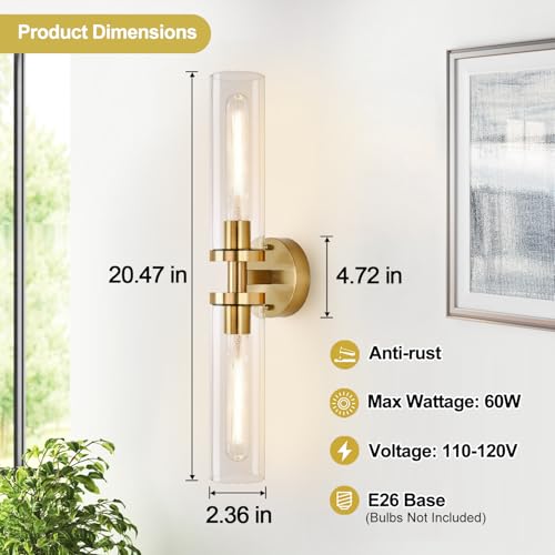 Image of Wall Sconces Set of Two, Hardwired Brushed Gold Bathroom Sconces Wall Lighting with Clear Glass, Modern Sconces Wall Decor Set of 2 Bathroom Light fixtures for Mirror Hallway (Bulbs Not Included)