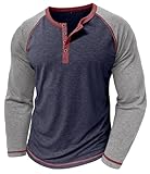 MakingDa Men’s Henley Shirts Long Sleeve Raglan Collarless T Shirt Slim Fit Buttons Color Block Grandad Shirt Casual Smart Tee Tops Navy Blue M