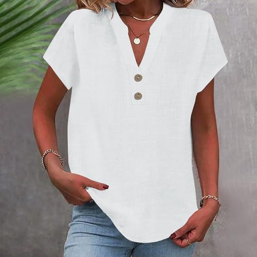 Linen Shirt for Women 2025 Short Sleeve Button Down V Neck Vacation Boho Tops Lightweight Loose Summer Tunic Blouses3