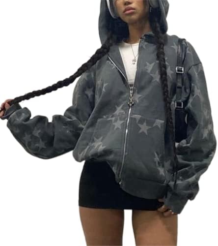 Bocymolay Women Vintage Star Graphic Zip up Hoodies Oversized Sweatshirt Casual Jacket with Pockets Punk Grunge Streetwear(Full star-Grey,S)