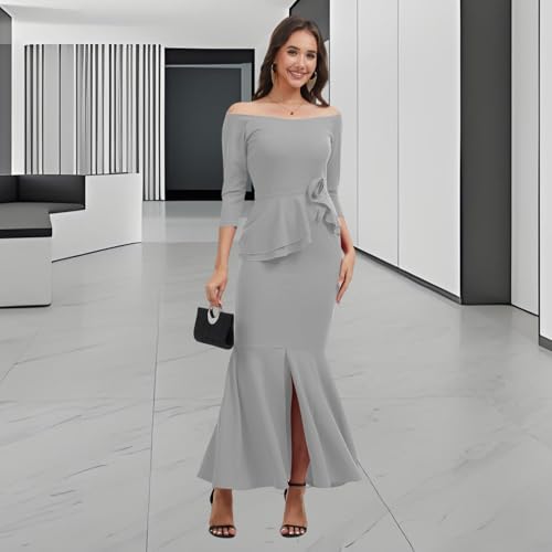 Image of Women's Elegant Formal Mermaid Maxi Dress Off Shoulder Long Sleeve Wedding Split Evening Gown Prom Cocktail Party Dresses