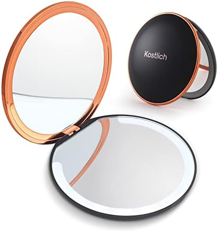 Kostlich Travel Makeup Mirror with Lights, 1x/7x Magnifying Compact Mirror 4.7 Inch, Folding, Rechargeable Handheld 2-Sided Pocket Mirror, Portable for Handbag Purse (Black)
