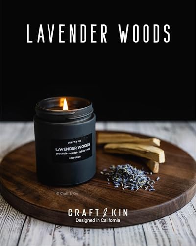 Craft & Kin Premium Lavender Woods Candle | Black Scented Candles for Men | Long Lasting with 45 Hour Burn Time, 7.6oz | Soy Candle | Aromatherapy at Home | Gifts for Men