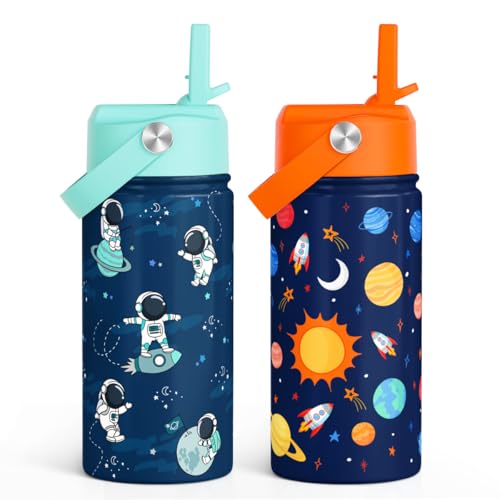 Image of SANDJEST Kid Water Bottle 12oz with Straw Lid - 2-Pack Insulated Stainless Steel Water Bottles for Kids Boys Girls - Travel Cup for School Sports, Outer Space & Astronaut