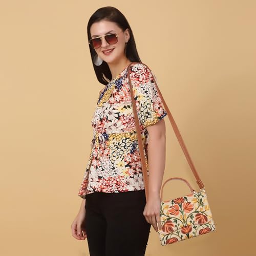 Image of Floral Embroidered Crossbody Sling Bag with Top Handle, Vintage Style Canvas for Women