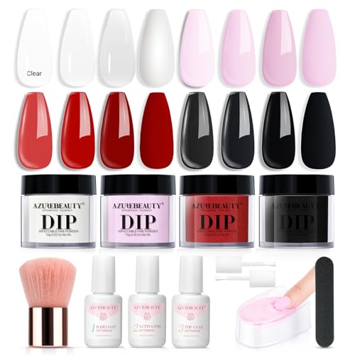 AZUREBEAUTY Dip Nails Powder Starter Kit 4 Colors Pink Red Black Clear Valentines Day Dipping Powder System Liquid Set Recycling Tray with Base & Top Coat Activator Manicure Kit for Gift.